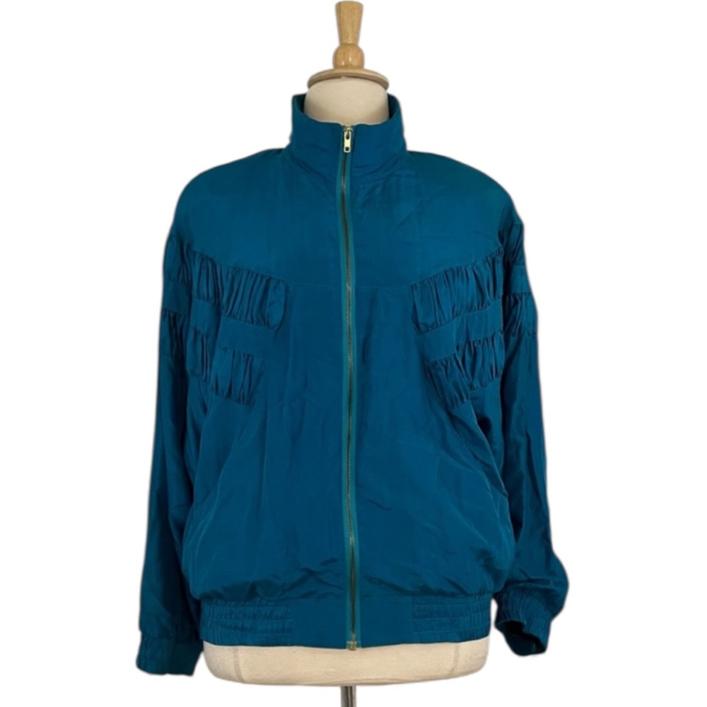 Vintage 80s 90s 100% Silk Bomber Jacket Women’s XL‎ Long Sleeve Ruched Front Zip